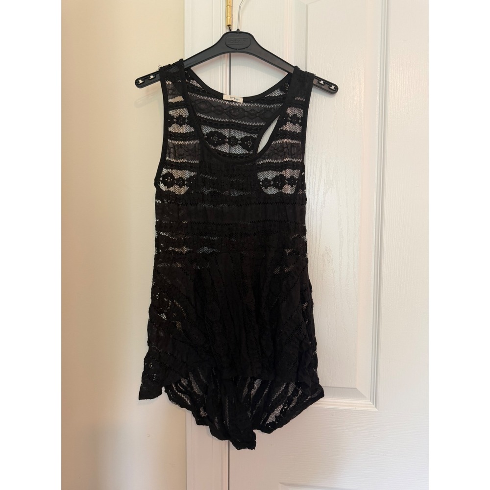 Lovely 153 Black Lace‎ Racerback Tank Top Sheer Boho High Low Hem Sleeveless S